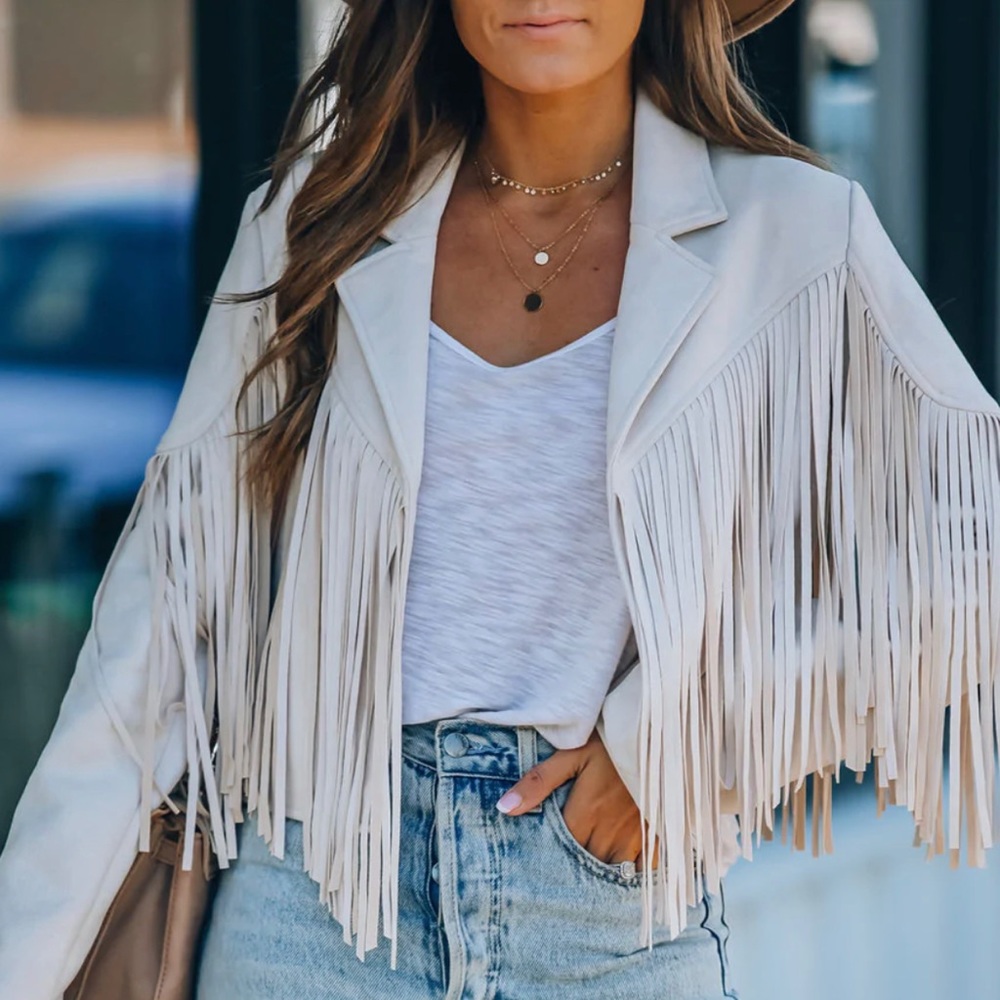 Cropped Faux Suede Fringe Jacket - Large & NWT